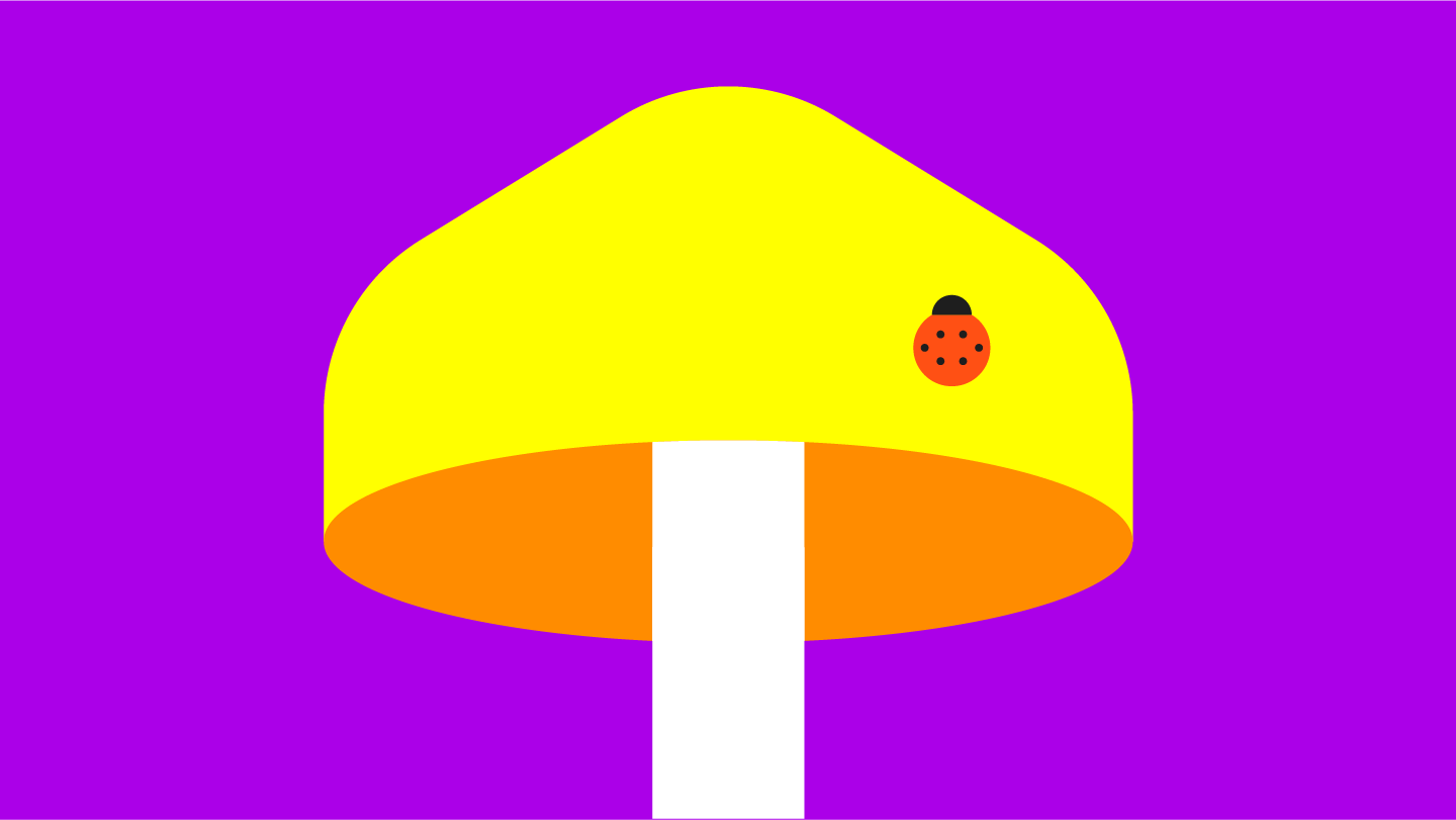 yellow mushroom with a red ladybug on it, against a purple background